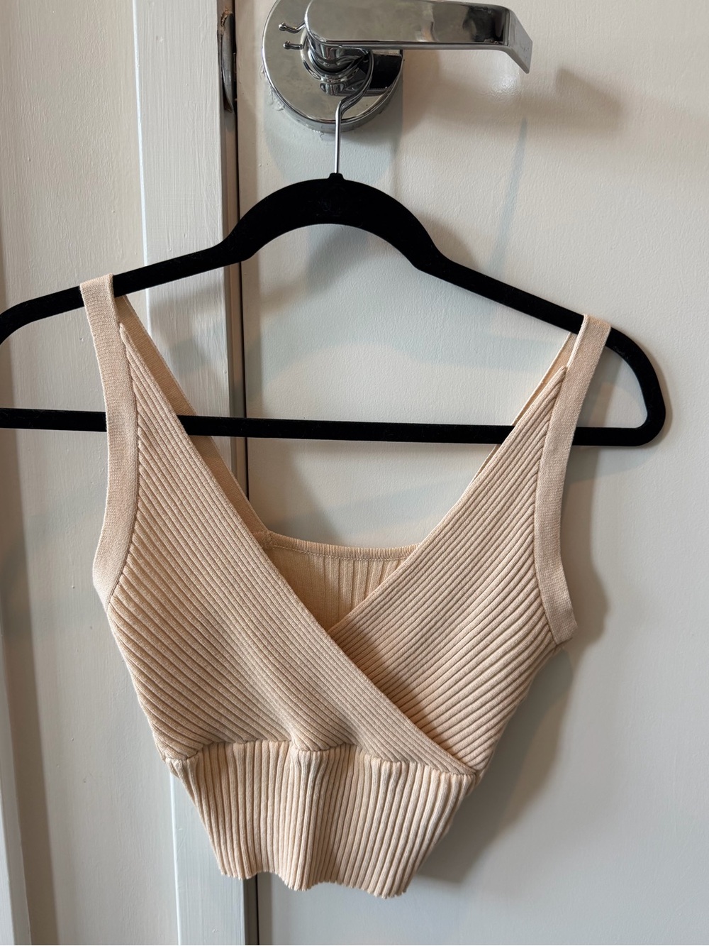 Ribbed Knit Crossover Crop Tank - Beige